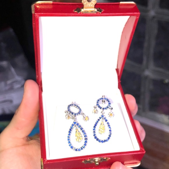 14K Blue & Yellow Sapphire Dangle Earrings - Picture 3 of 5